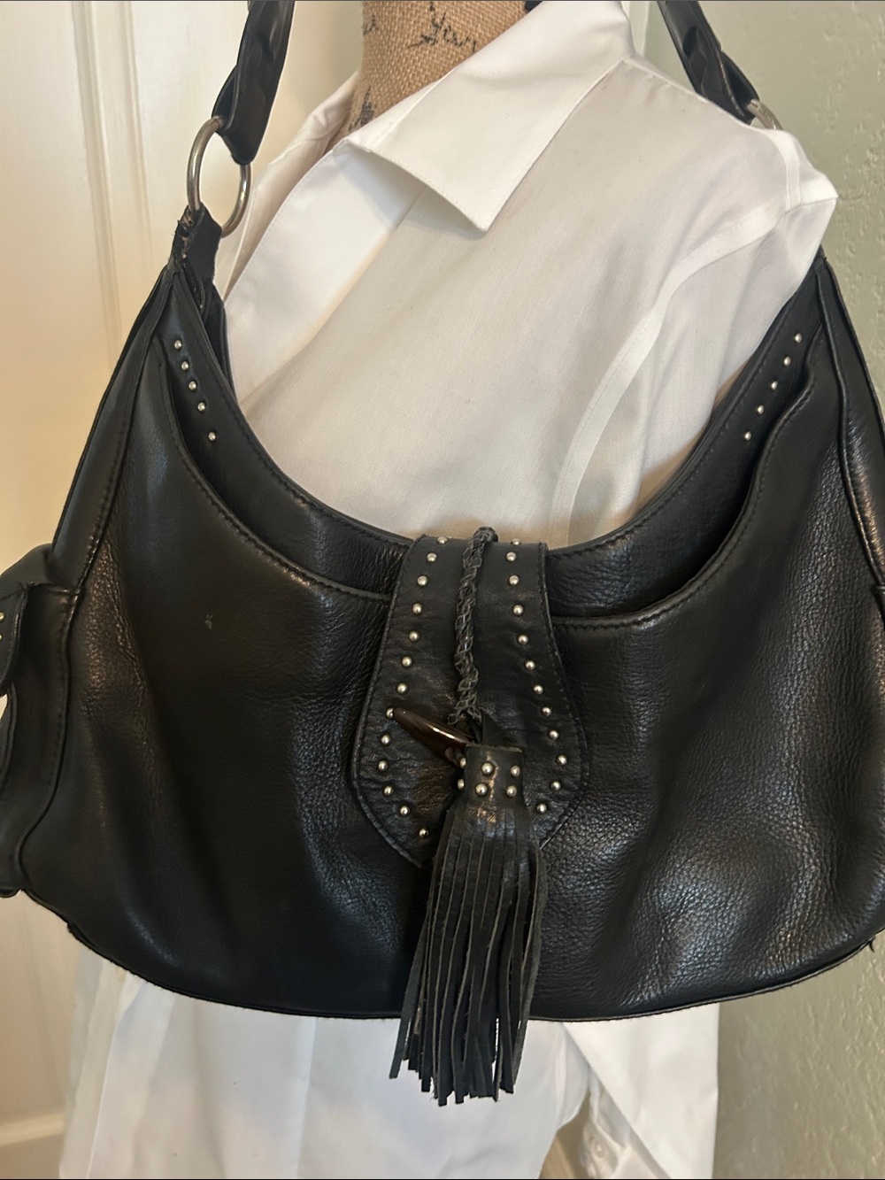 Kate Landry Black Leather Shoulder Bag with Studs & Tassel